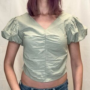 Women's Very J Light Olive Green Bubble Sleeve Cropped Blouse Size M Medium